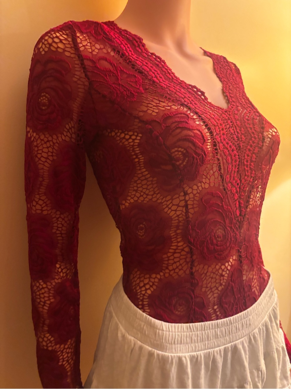 bebe Red Floral Lace Long-Sleeve Bodysuit